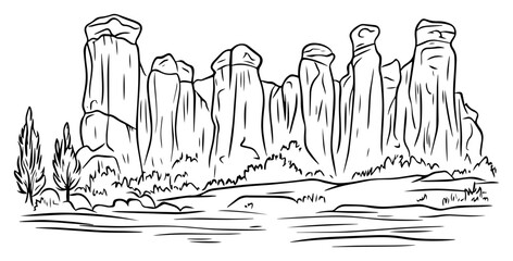 Stone pillar valley vector – tall hoodoo rock formations rising from desert plain, geological wonder sketch