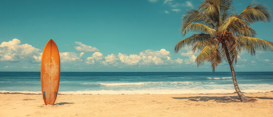 A sunny beach with a palm tree and a surfboard on the sand by the ocean, ideal for advertising vacations, tours, sports, and summer lifestyles.