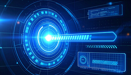 An eye-catching futuristic digital user interface, featuring glowing blue lines and a circular design with progress bar