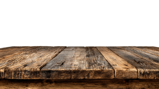 Wooden table surface, perfect for displaying food or drinks.