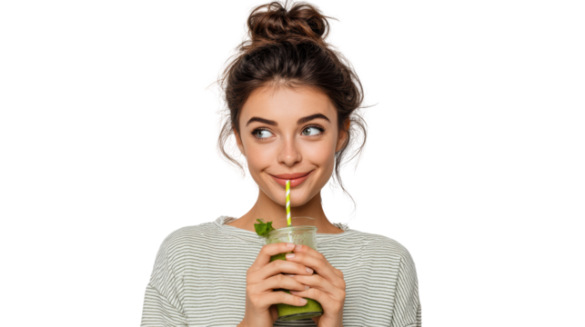 Young woman enjoying a refreshing green smoothie with a playful smile and straw. - Powered by Adobe