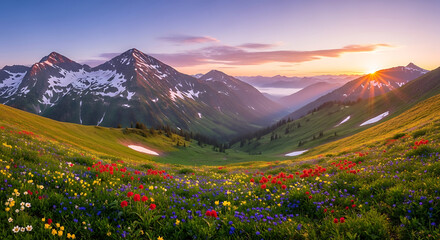Spring Blossom Mountain Sunrise Panorama with Blooming Valleys