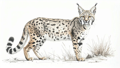 A detailed illustration of a bobcat standing in a natural environment, showcasing its spotted coat.