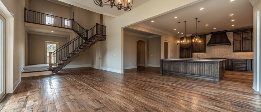 A spacious living room with high ceilings, wood finishes, and a modern kitchen—relevant for real estate catalogs, interior design, and architectural projects. - Powered by Adobe