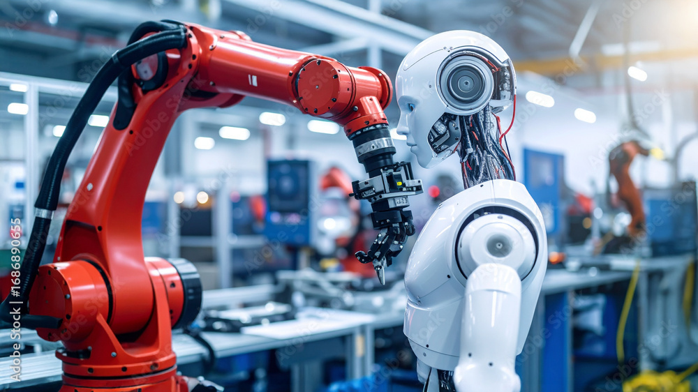 Poster robots working together in a modern factory, showcasing automation and innovation. a red robotic arm