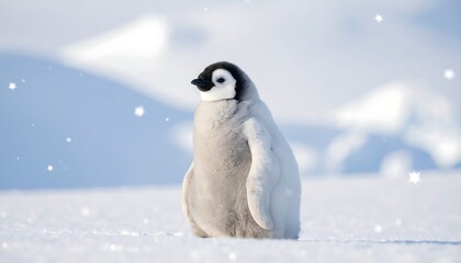 Adorable penguin chick in snowy landscape