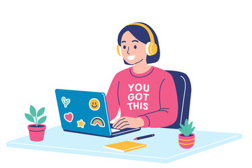 Smiling young woman working on laptop with motivational sweatshirt and headphones at desk with plants
