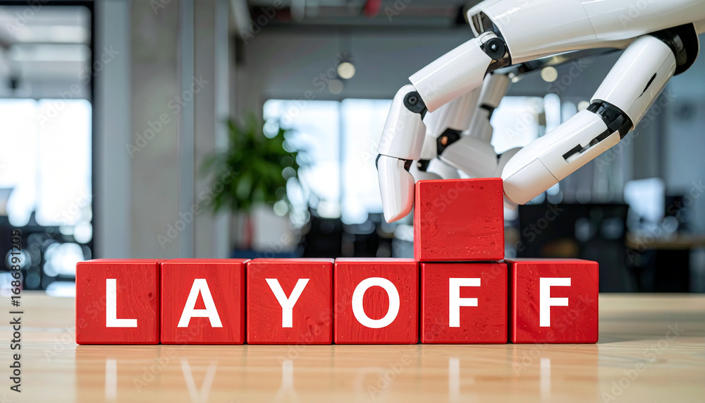 Aufkleber robot hand arranging the word layoff with red blocks, symbolizing job loss and automation
