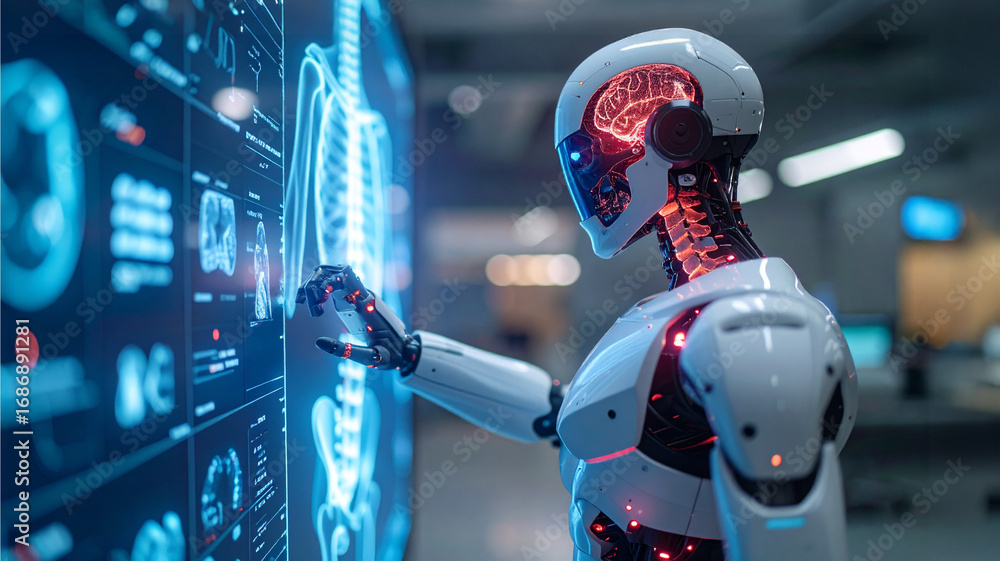 Poster a sophisticated robot interacts with an advanced display, showcasing complex anatomical data, repres