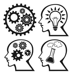 Human head silhouettes with gears lightbulb and flask