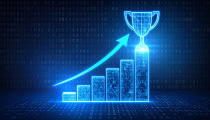 Digital representation of a trophy atop a rising graph, symbolizing achievement and growth. The graph ascends with an upward arrow