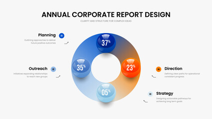 Elegant Innovation Slideshow Layout Vector Illustration. Investor Plan Four Element Diagram Frame Design. Clean Profile 4 Option Chart Presentation Template.
