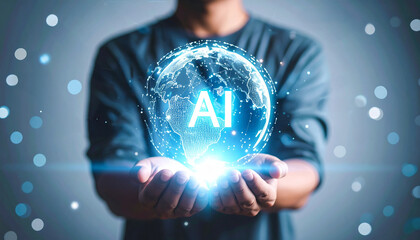 Man holding AI, technological concept, Artificial Intelligence and global data, digital sphere