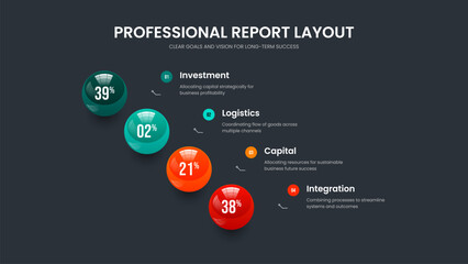 Service Analysis Four Option Chart Presentation Design. Simple Portfolio 4 Step Infographic Frame Layout. Minimalist Proposal Slide Template Vector Illustration.