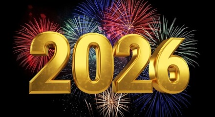 The number "2026" is shown in gold metallic letters on a black background with vibrant fireworks in the sky and dramatic lighting.
