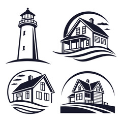 Lighthouse and houses with waves and clouds home building