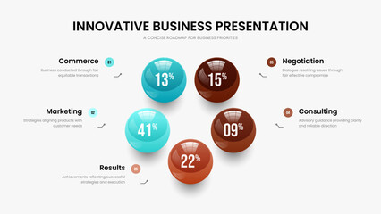 Visual Campaign Five Element Graph Frame Layout. Enterprise Introduction 5 Option Chart Slide Design. Creative Performance Presentation Template Vector Illustration.