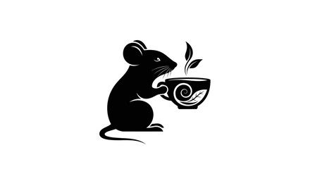 Charming black silhouette of a mouse holding a steaming teacup.