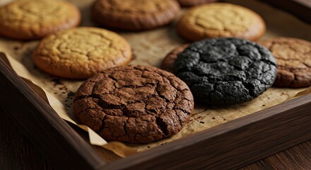An assortment of cookies including brown golden and black varieties displayed on parchment paper within a dark wood tray