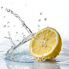 fresh lemon slice splashing in clear water