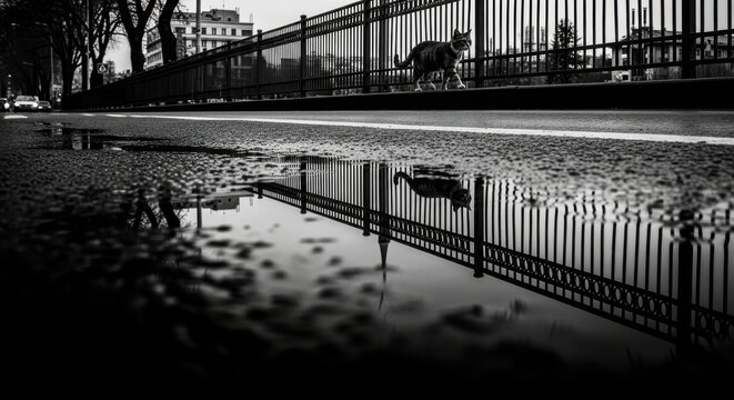 Fototapeta Photo of a black and white street scene after rain, showing a cat walking along a wet pavement with puddles reflecting the fence and distant trees, creating a moody and atmospheric urban environment