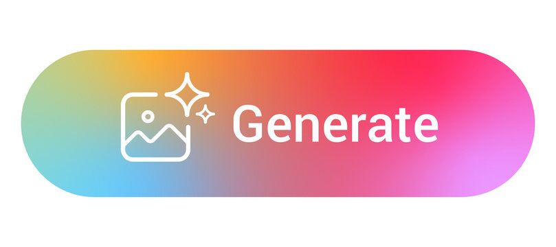 Generate button for AI image tools, colorful gradient pill UI with sparkle icon, web and app cta for image generator flows, ideal for dashboards, landing pages, and prototypes. PNG.