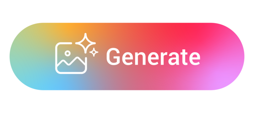 Generate button for AI image tools, colorful gradient pill UI with sparkle icon, web and app cta for image generator flows, ideal for dashboards, landing pages, and prototypes. PNG.