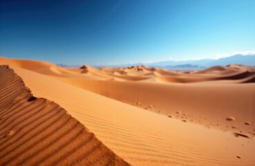 Fototapeta premium Golden sand dunes stretch across a desert landscape under a clear blue sky with distant mountains in the background