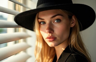 Woman with blonde hair wearing a black hat looking through window blinds