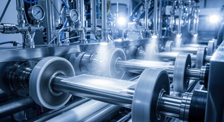 Fototapeta premium Dynamic photograph capturing spinning rolls feeding polymer substrate through chemical vapor deposition line producing uniform graphene coatings.