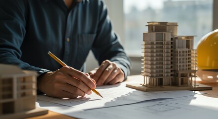 Architect reviewing building plans with pencil