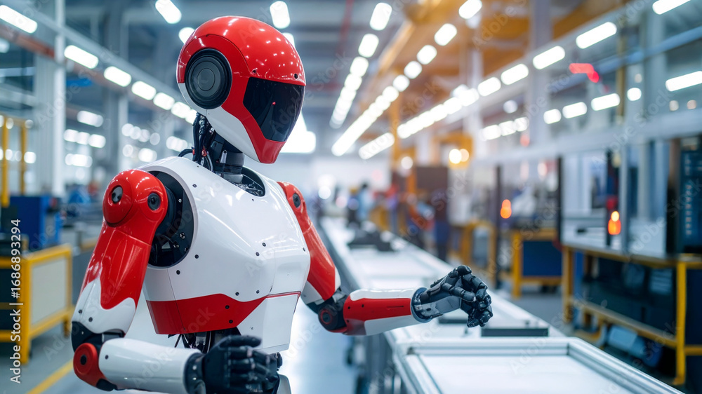 Poster a futuristic robot operating on a manufacturing line, showcasing innovation in automation and roboti