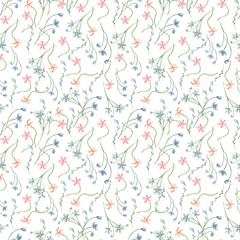 Watercolor floral Meadow seamless pattern isolated white. Ditsy print of mini wild flowers pink blue colors. Endless botanical design of small hand drawn flowers for kids textile. Abstracts blossoms.