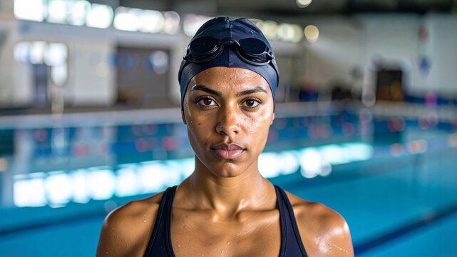 An intense portrait of a female swimmer ready for the race, exuding determination and focus at the swimming pool - Powered by Adobe