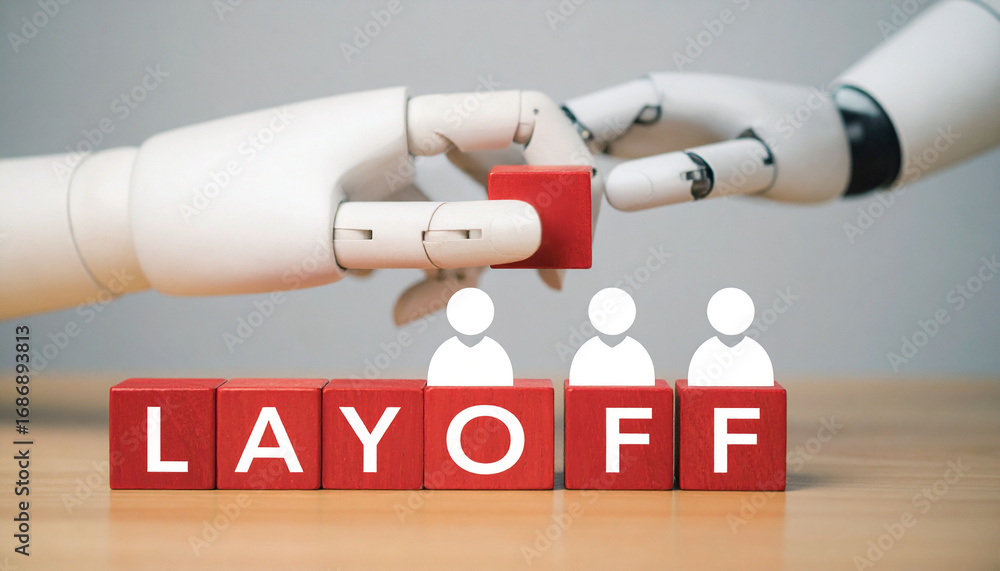 Poster automation of layoffs with a robot hand replacing human workers