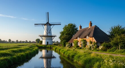 Dutch windmill and cottage landscape © Jajank