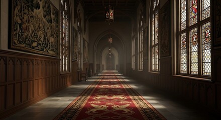 Gothic Hallway with Red Carpet, and Castle Interior.
