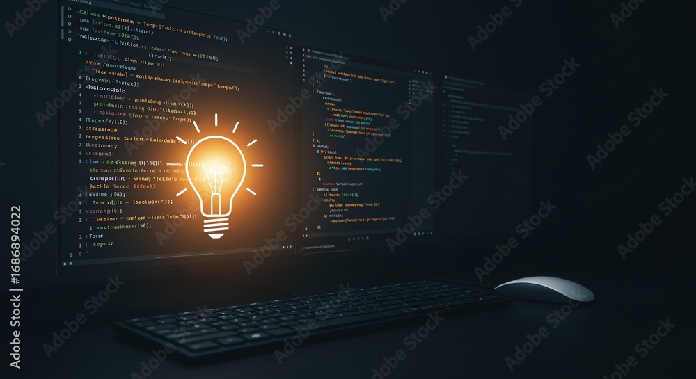 Fototapete computer monitor displaying code with lightbulb