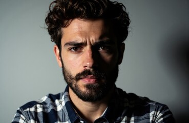 Obraz premium A man with curly hair and a beard looks directly at the camera with a serious expression