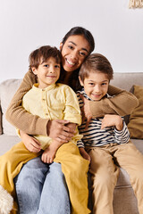 Joyful moments of a young mother and her two adorable boys in a cozy home setting