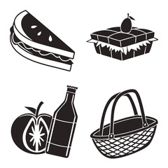 Picnic food basket sandwich fruit bottle vector
