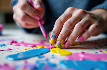 Naklejka premium Colorful paint splashes on a surface with a person using a brush to create art