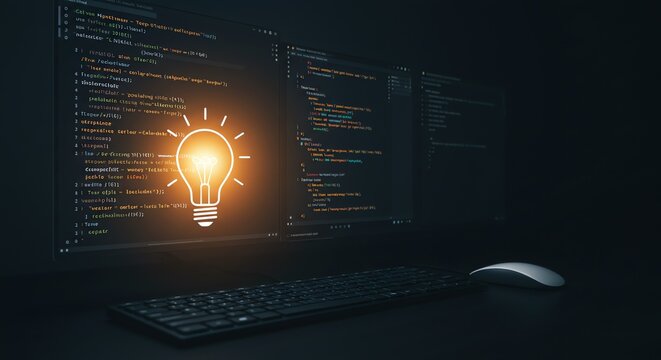 Computer monitor displaying code with lightbulb