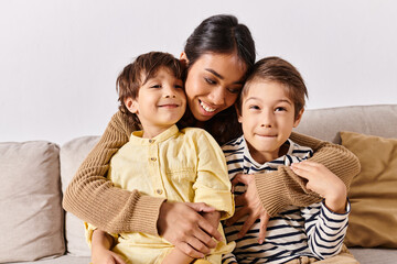 A young mother shares a warm embrace with her two adorable boys, radiating happiness