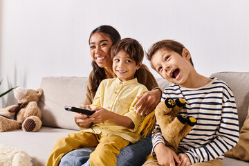 Joyful moments between mother and her playful children in a cozy living room