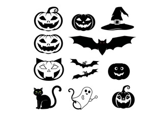 Halloween icons collection featuring pumpkins bats ghost cat and witch hat