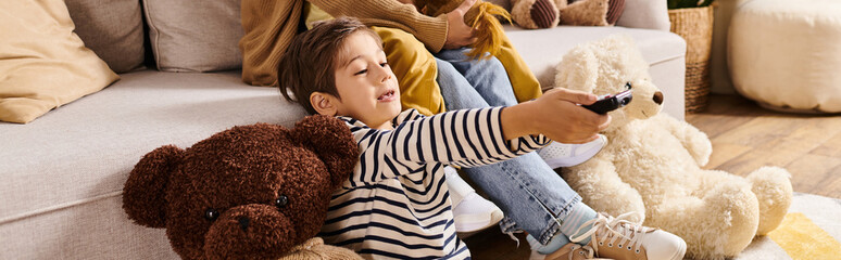 Bonding moments of a young family enjoying cozy time at home with playful siblings