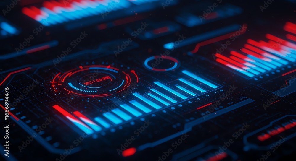 Poster digital interface with data visualization and red blue accents