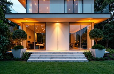 Obraz premium Modern house with large glass windows and a well-maintained front garden at dusk
