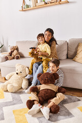 Joyful moments between a young mother and her adorable children at home